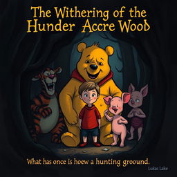 A dark illustration featuring an evil Winnie-the-Pooh bear, an evil Tigger, and an evil Piglet surrounding a 20-year-old adult Christopher Robin