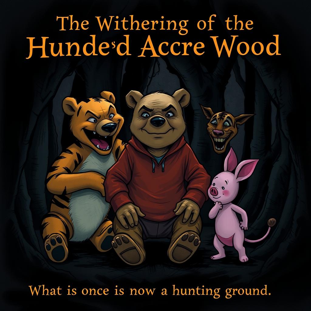 A dark illustration featuring an evil Winnie-the-Pooh bear, an evil Tigger, and an evil Piglet surrounding a 20-year-old adult Christopher Robin