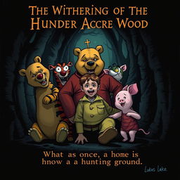 A dark illustration featuring an evil Winnie-the-Pooh bear, an evil Tigger, and an evil Piglet surrounding a 20-year-old adult Christopher Robin
