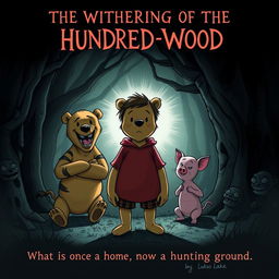 A dark illustration featuring an evil Winnie-the-Pooh bear, an evil Tigger, and an evil Piglet surrounding a 20-year-old adult Christopher Robin