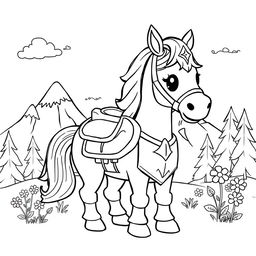 A cute-style illustration of a noble horse adorned in armor, designed for a children's coloring book