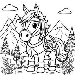 A cute-style illustration of a noble horse adorned in armor, designed for a children's coloring book