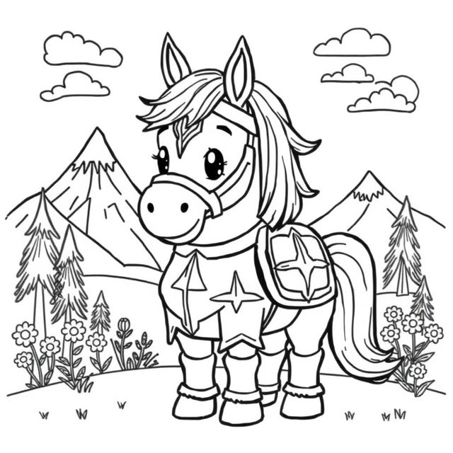 A cute-style illustration of a noble horse adorned in armor, designed for a children's coloring book