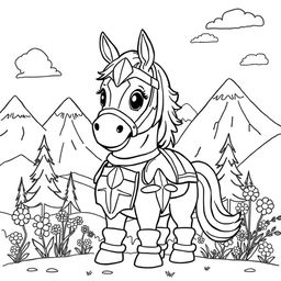 A cute-style illustration of a noble horse adorned in armor, designed for a children's coloring book