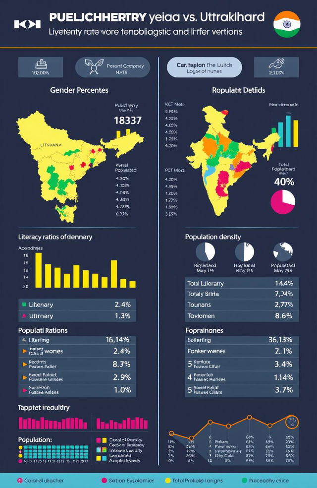 A comparative infographic illustrating literacy rates and gender ratios, alongside population and density statistics for Puducherry (Union Territory) and Uttarakhand