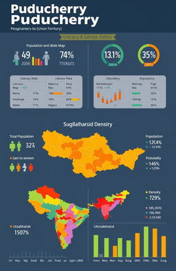 A comparative infographic illustrating literacy rates and gender ratios, alongside population and density statistics for Puducherry (Union Territory) and Uttarakhand