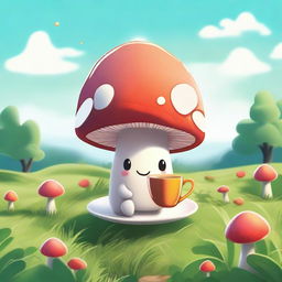 A high-quality digital art piece depicting an anthropomorphized, fairy-tale-like mushroom in a lush field, enjoying a cup of coffee under a clear, sunny sky