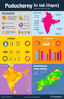 Create a detailed comparative infographic between Puducherry (UT) and Uttarakhand focusing on literacy rates, gender ratios, population statistics, and population density