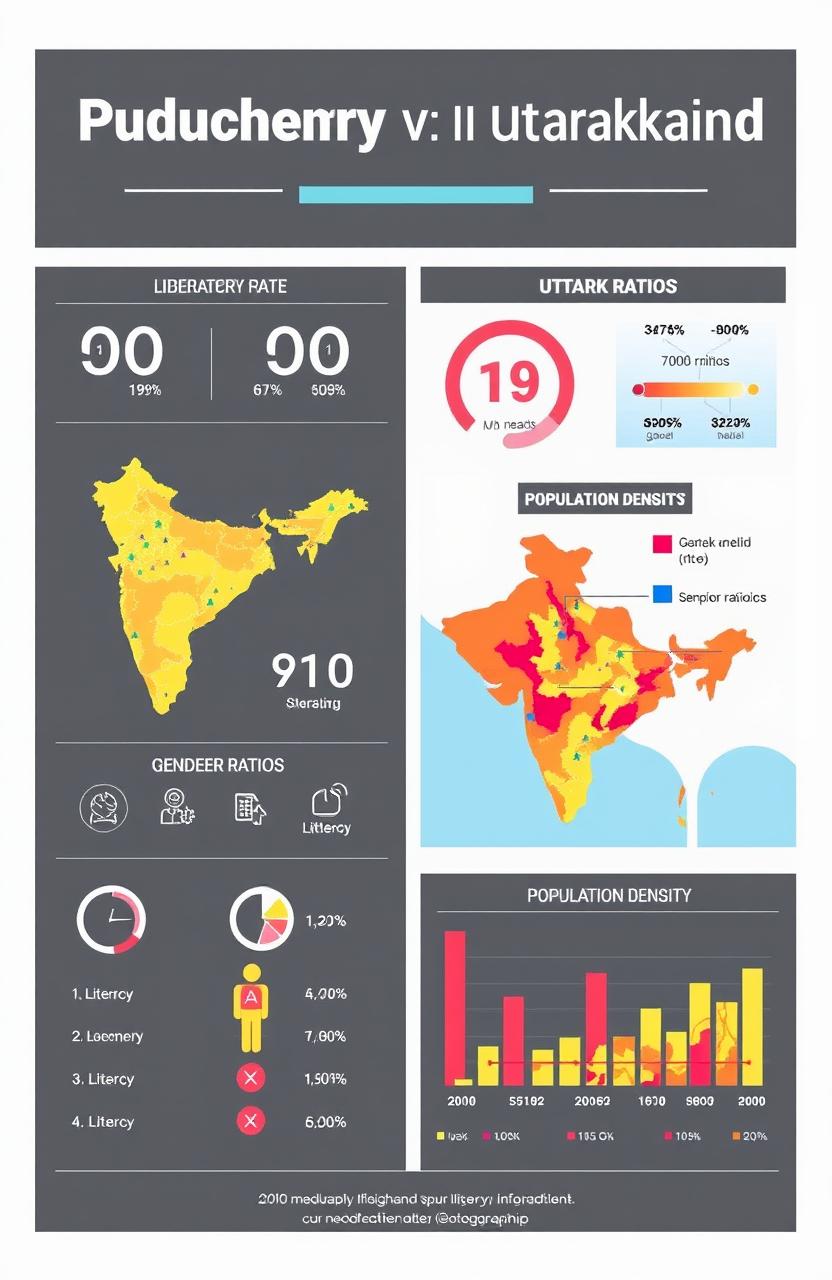 Create a detailed comparative infographic between Puducherry (UT) and Uttarakhand focusing on literacy rates, gender ratios, population statistics, and population density