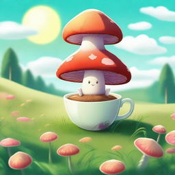 A high-quality digital art piece depicting an anthropomorphized, fairy-tale-like mushroom in a lush field, enjoying a cup of coffee under a clear, sunny sky