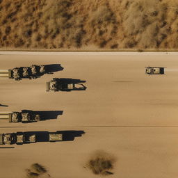 aerial view on 2 armored vehicles on a one-lane freeway followed by 10 combatants in military fatigue