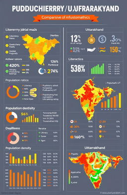 Create a detailed comparative infographic between Puducherry (UT) and Uttarakhand focusing on literacy rates, gender ratios, population statistics, and population density