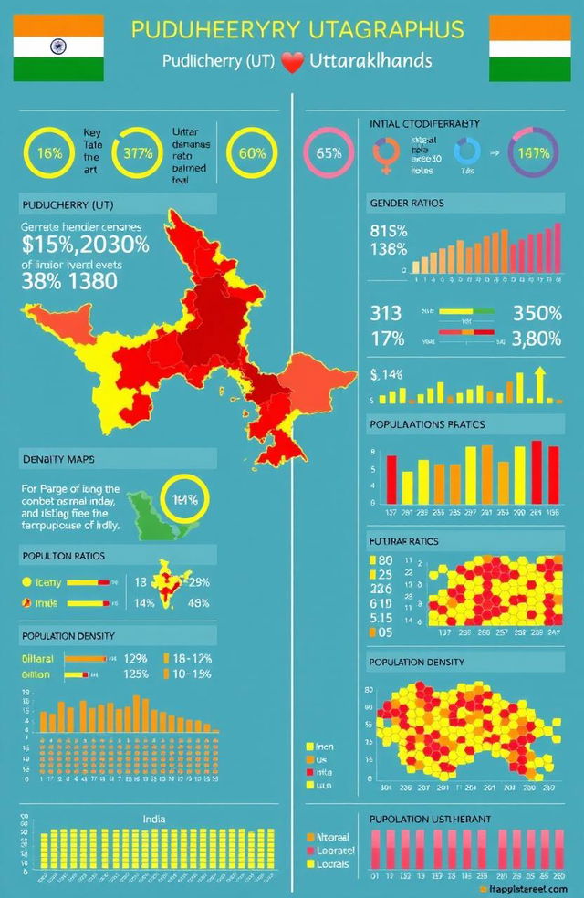 Create a detailed comparative infographic between Puducherry (UT) and Uttarakhand focusing on literacy rates, gender ratios, population statistics, and population density