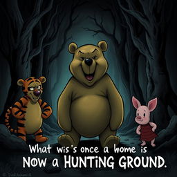 An eerie illustration depicting an evil Winnie-the-Pooh bear, an evil Tigger, and an evil Piglet in a dark and foreboding version of the Hundred Acre Woods