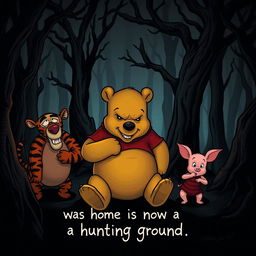 An eerie illustration depicting an evil Winnie-the-Pooh bear, an evil Tigger, and an evil Piglet in a dark and foreboding version of the Hundred Acre Woods
