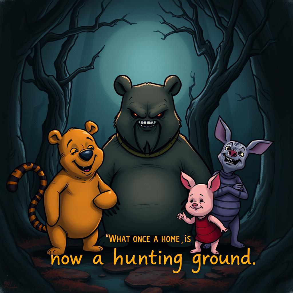 An eerie illustration depicting an evil Winnie-the-Pooh bear, an evil Tigger, and an evil Piglet in a dark and foreboding version of the Hundred Acre Woods