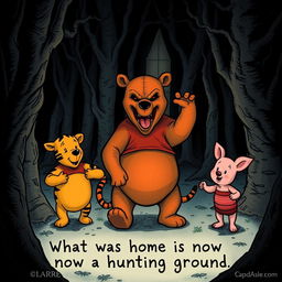 An eerie illustration depicting an evil Winnie-the-Pooh bear, an evil Tigger, and an evil Piglet in a dark and foreboding version of the Hundred Acre Woods