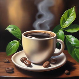 A detailed oil painting representing the passion for coffee, featuring a steaming cup of coffee surrounded by freshly roasted beans on a rustic table, with a coffee plant in the background