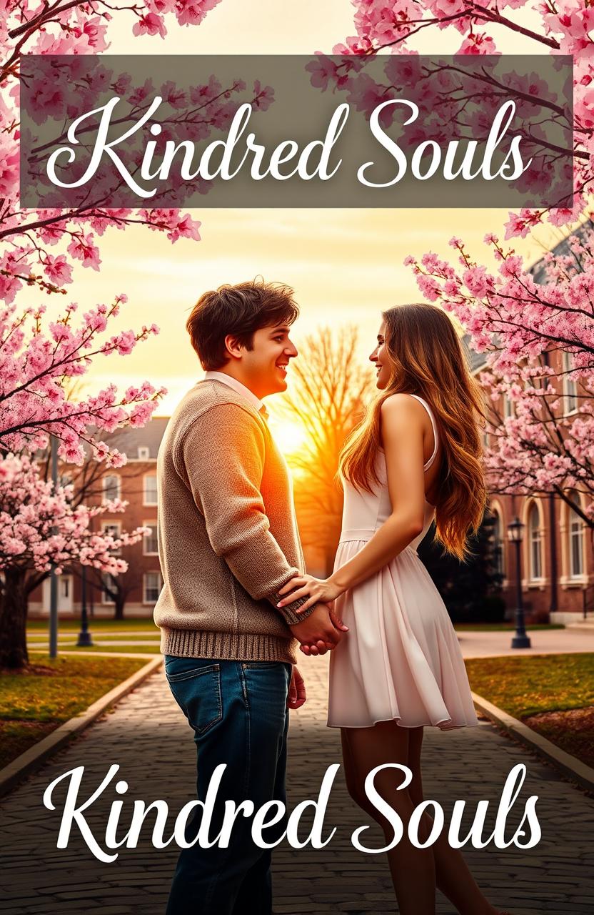 A romantic book cover for a novel titled 'Kindred Souls', featuring a college couple embracing in a picturesque campus setting