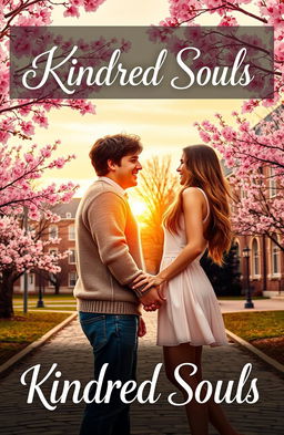 A romantic book cover for a novel titled 'Kindred Souls', featuring a college couple embracing in a picturesque campus setting