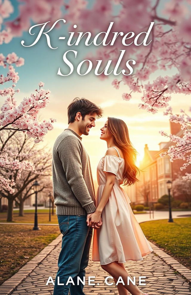 A romantic book cover for a novel titled 'Kindred Souls', featuring a college couple embracing in a picturesque campus setting