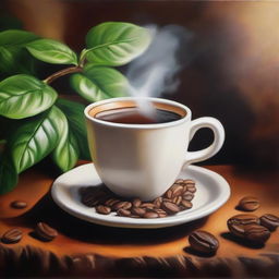 A detailed oil painting representing the passion for coffee, featuring a steaming cup of coffee surrounded by freshly roasted beans on a rustic table, with a coffee plant in the background