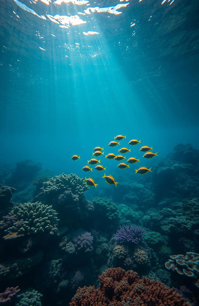 A picturesque underwater scene showcasing a serene ocean habitat, where the gentle flow of water creates a peaceful atmosphere