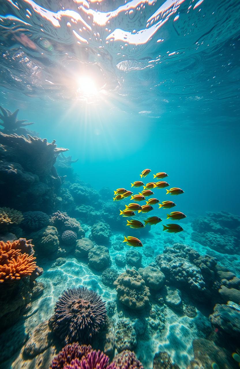 A picturesque underwater scene showcasing a serene ocean habitat, where the gentle flow of water creates a peaceful atmosphere