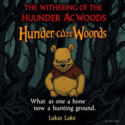 A sinister depiction of an evil Winnie-the-Pooh character, set against a dark and twisted version of the Hundred Acre Woods
