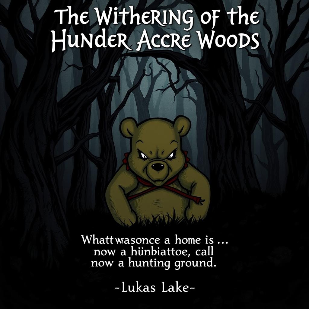 A sinister depiction of an evil Winnie-the-Pooh character, set against a dark and twisted version of the Hundred Acre Woods
