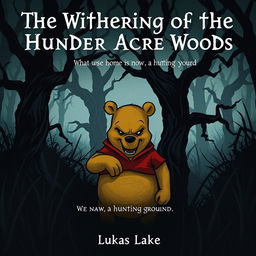 A sinister depiction of an evil Winnie-the-Pooh character, set against a dark and twisted version of the Hundred Acre Woods