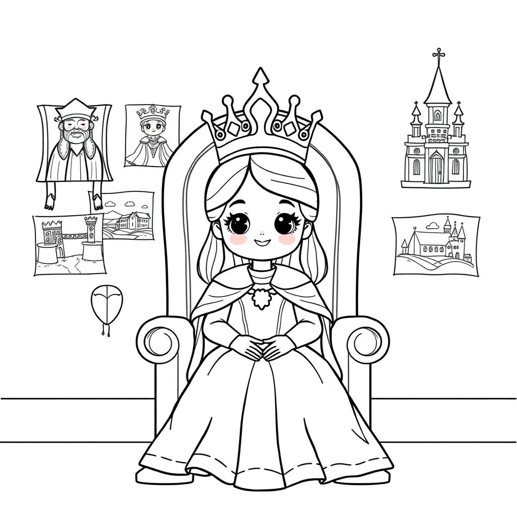 A cute-style illustration of a medieval queen seated on her throne, designed for a children's coloring book