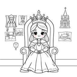 A cute-style illustration of a medieval queen seated on her throne, designed for a children's coloring book