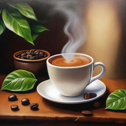 A detailed oil painting representing the passion for coffee, featuring a steaming cup of coffee surrounded by freshly roasted beans on a rustic table, with a coffee plant in the background