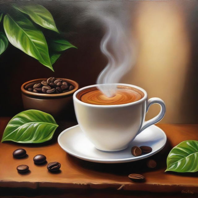 A detailed oil painting representing the passion for coffee, featuring a steaming cup of coffee surrounded by freshly roasted beans on a rustic table, with a coffee plant in the background