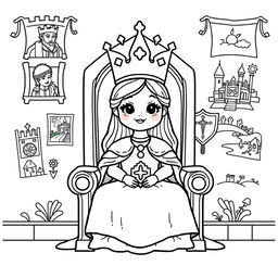 A cute-style illustration of a medieval queen seated on her throne, designed for a children's coloring book