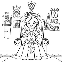A cute-style illustration of a medieval queen seated on her throne, designed for a children's coloring book