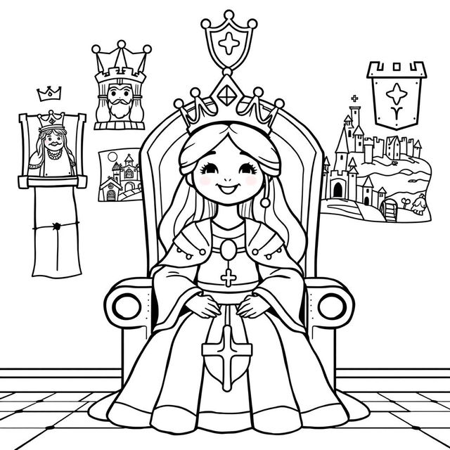 A cute-style illustration of a medieval queen seated on her throne, designed for a children's coloring book