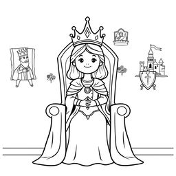 A cute-style illustration of a medieval queen seated on her throne, designed for a children's coloring book