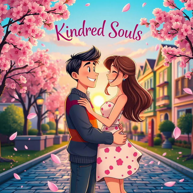 A vibrant animated book cover for a novel titled 'Kindred Souls', featuring an animated college couple in a joyful embrace on a picturesque campus