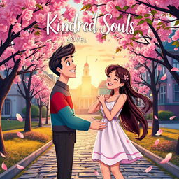 A vibrant animated book cover for a novel titled 'Kindred Souls', featuring an animated college couple in a joyful embrace on a picturesque campus