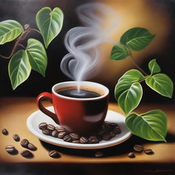 A detailed oil painting representing the passion for coffee, featuring a steaming cup of coffee surrounded by freshly roasted beans on a rustic table, with a coffee plant in the background