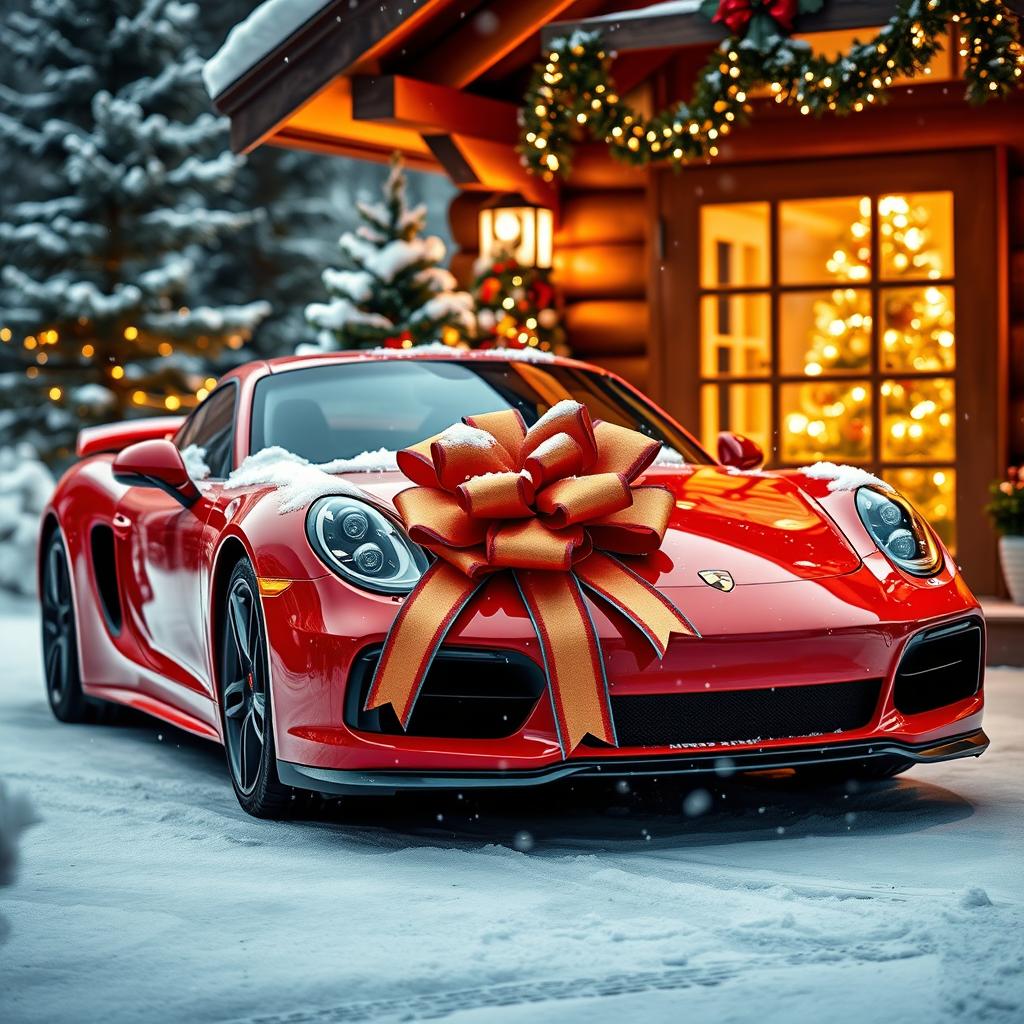 A festive scene featuring a vibrant red sports car adorned with oversized ribbons and a big bow, parked in front of a cozy log cabin decorated with twinkling fairy lights and a Christmas tree visible through the window