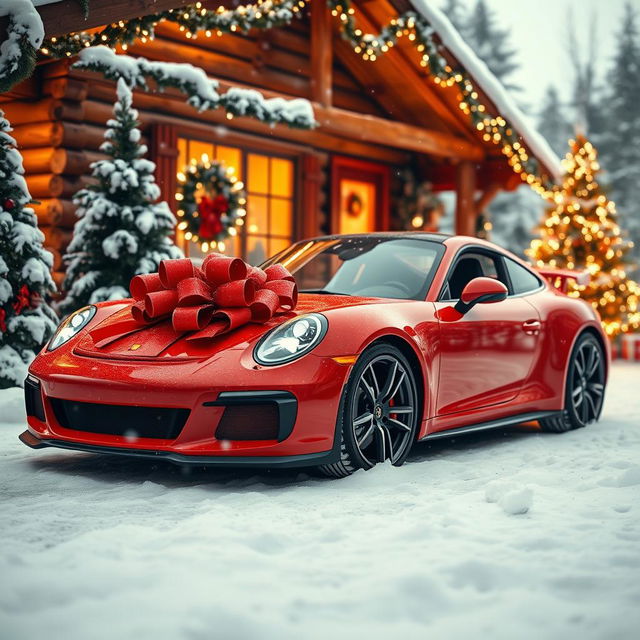 A festive scene featuring a vibrant red sports car adorned with oversized ribbons and a big bow, parked in front of a cozy log cabin decorated with twinkling fairy lights and a Christmas tree visible through the window