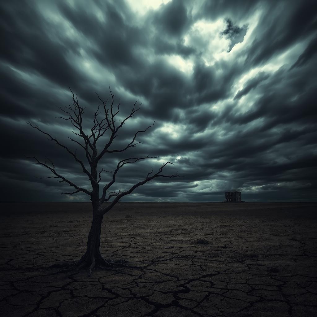 A dramatic and emotional landscape depicting a desolate, barren environment that evokes a feeling of hopelessness