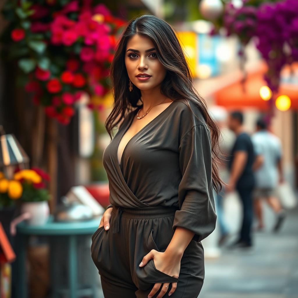 A beautiful Latin woman aged between 35 to 40 years old, standing full body in a stylish outfit that covers her body, accentuating her lovely curves