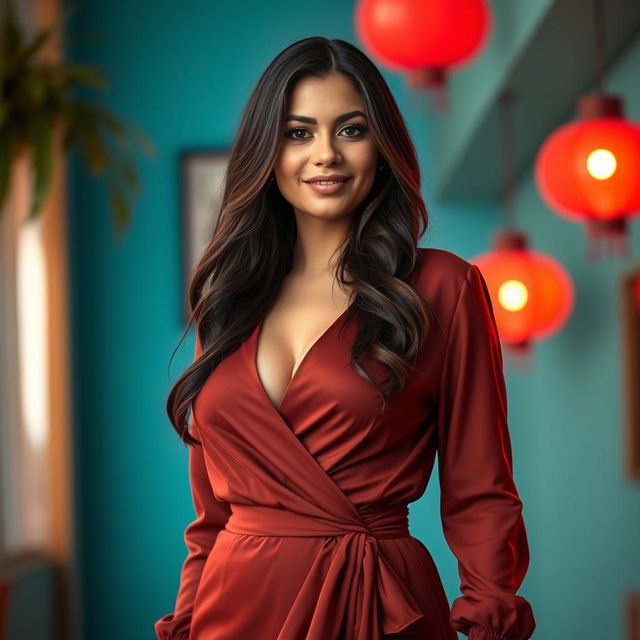 A beautiful Latin woman aged between 35 to 40 years old, standing full body in an elegant outfit that completely covers her chest, emphasizing her lovely curves while ensuring a modest appearance