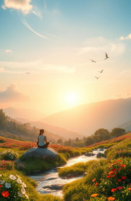 A serene and uplifting landscape depicting a peaceful life, showcasing a sunrise over a tranquil valley filled with vibrant flowers and lush greenery