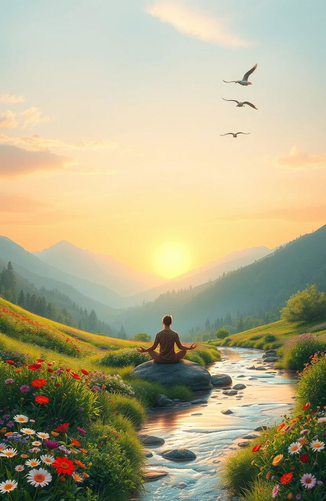 A serene and uplifting landscape depicting a peaceful life, showcasing a sunrise over a tranquil valley filled with vibrant flowers and lush greenery