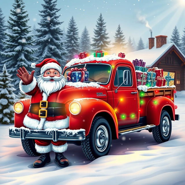 A festive red truck adorned with colorful Christmas lights, parked in a snowy winter scene